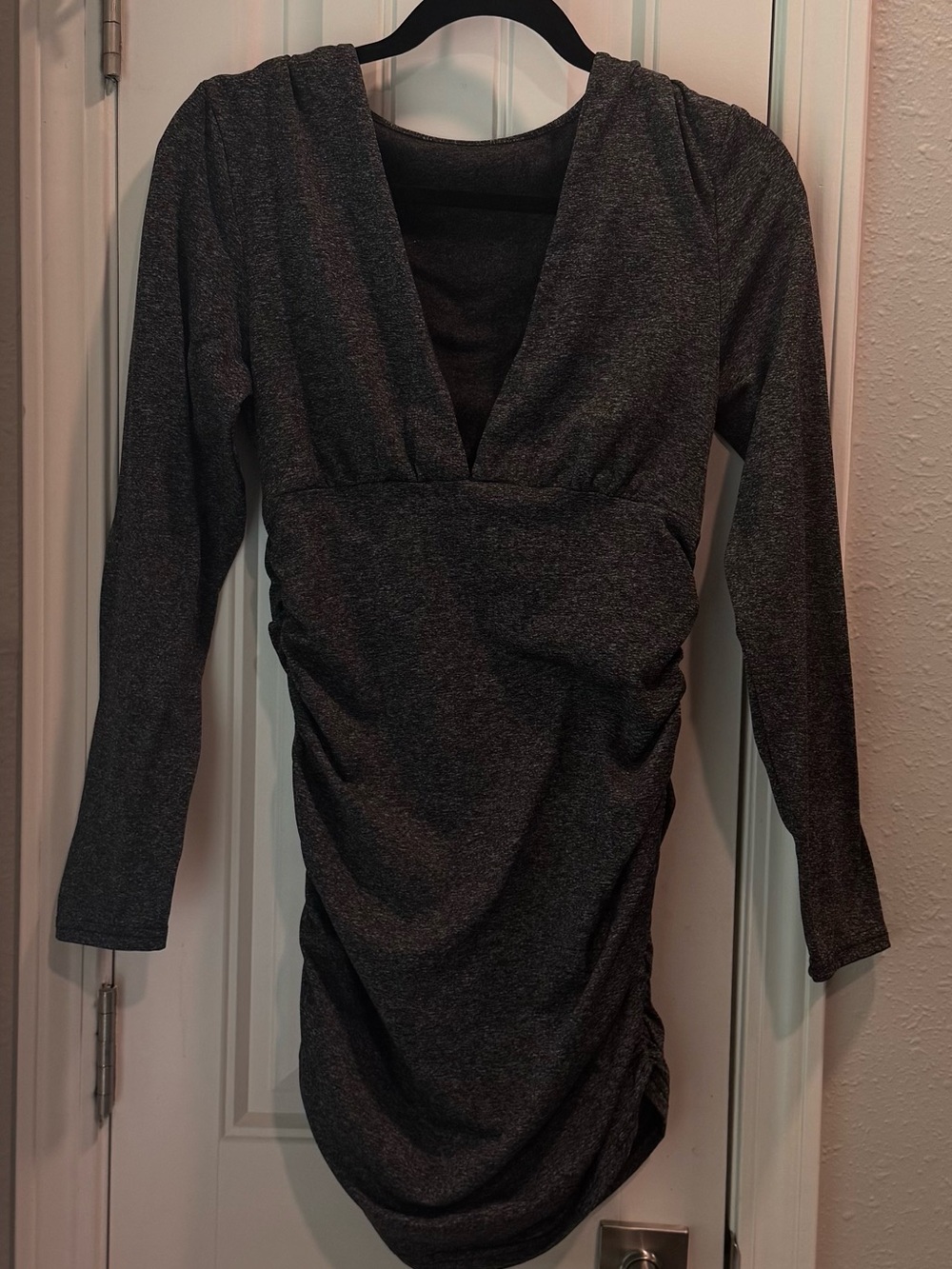SHEIN Charcoal Gray V-Neck Long Sleeve Ruched Dress